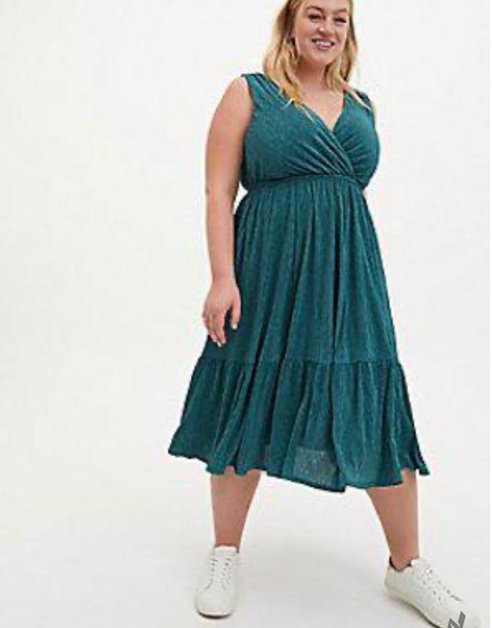 Torrid Crinkle Knit Surplice Midi Skater Dress Pine Green Plus Size Women 2X